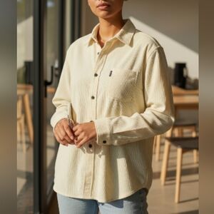 EUC Ezze Wear L Yellow 100% Cotton Textured Crinkle Snap Button Down Shirt!